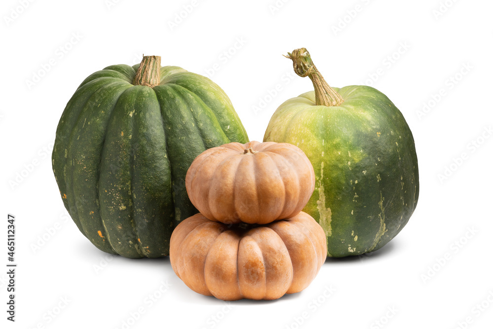 Green and orange pumpinks isolated on white with shadows Green and orange pumpinks isolated on white with shadows