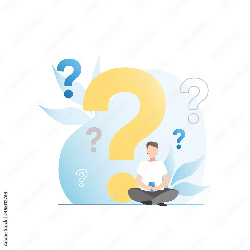 Vector man with smartphone sits with question marks. Guy thought about it. Many problems. Awkward situation. FREQUENTLY ASKED QUESTIONS on Internet. Online support service, hotline. FAQ. Vector man with smartphone sits with question marks. Guy thought about it. Many problems. Awkward situation. FREQUENTLY ASKED QUESTIONS on Internet. Online support service, hotline. FAQ.