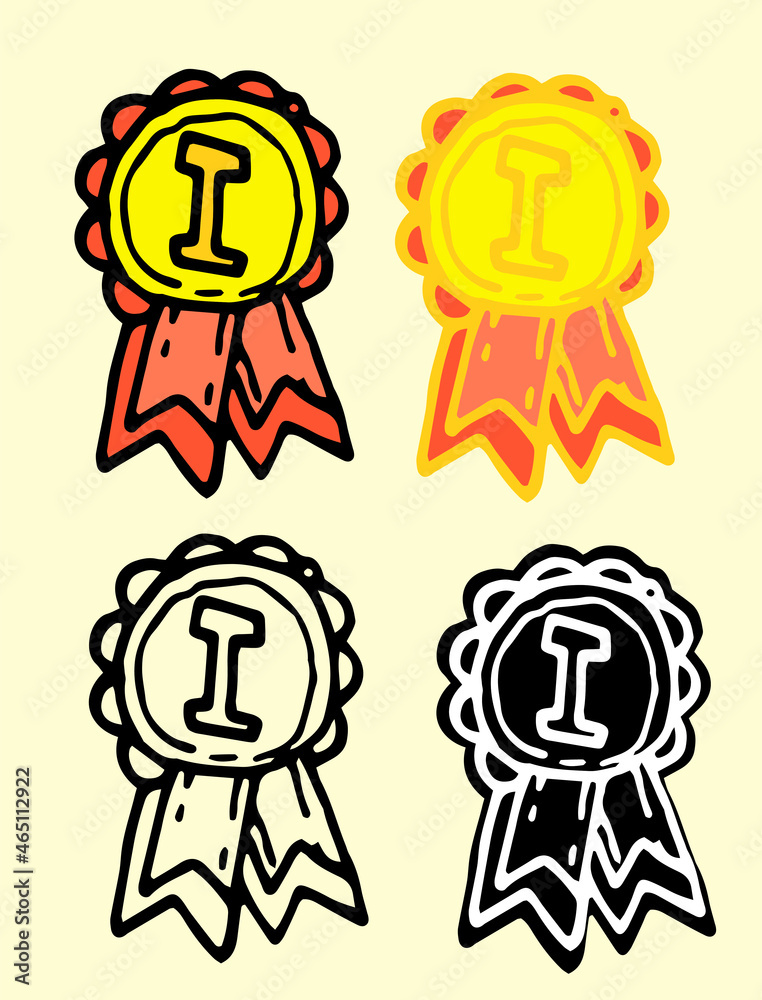 gold medals with ribbons for first place in flat style. a set of variants of the order is drawn in the style of yellow round doodles with red ribbons. isolated black outline and silhouette of a black gold medals with ribbons for first place in flat style. a set of variants of the order is drawn in the style of yellow round doodles with red ribbons. isolated black outline and silhouette of a black