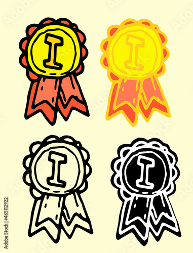 gold medals with ribbons for first place in flat style. a set of variants of the order is drawn in the style of yellow round doodles with red ribbons. isolated black outline and silhouette of a black 
