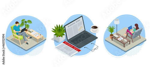 Isometric business news concept. Business news website on digital tablet, everyday searching for job and business opportunities