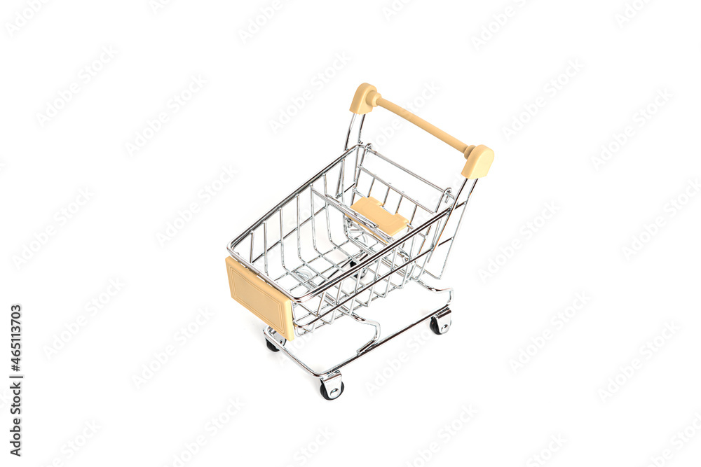 The shopping cart is isolated on a white background. Empty trolley.