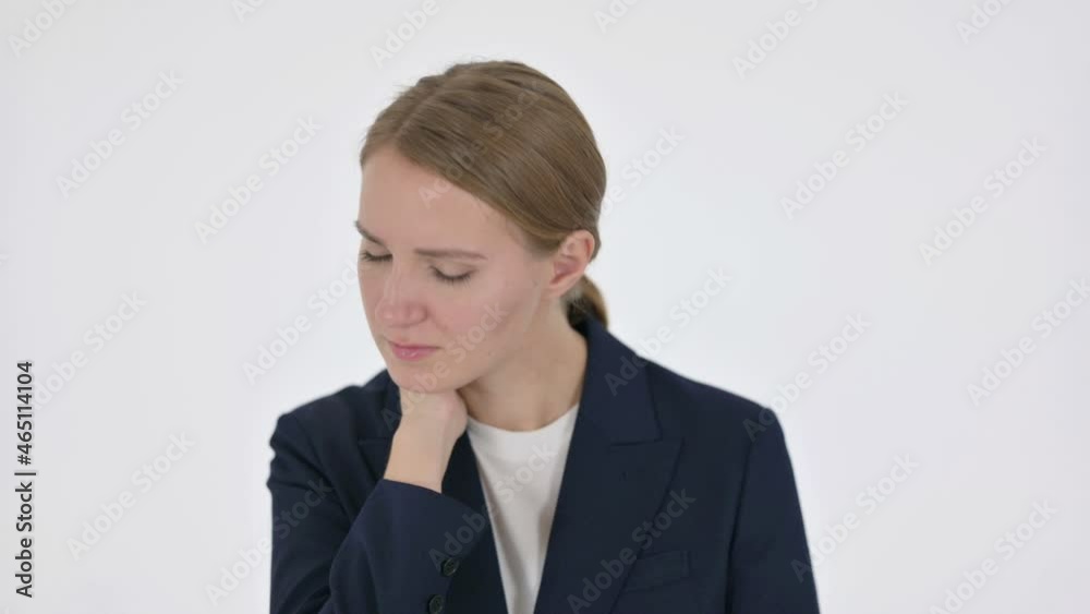 Young Businesswoman having Neck Pain on White Background Young Businesswoman having Neck Pain on White Background