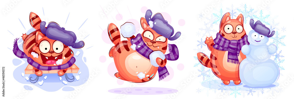 Obraz premium A funny cat plays snowballs and sleds. Winter drawing