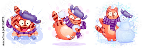 A funny cat plays snowballs and sleds. Winter drawing