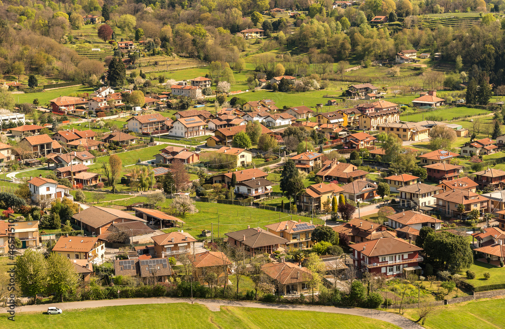Top view of Angera village from the Rocca Borromeo di Angera castle, province of Varese, Italy