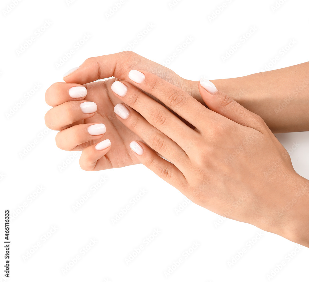 Woman with neat manicure on white background Woman with neat manicure on white background
