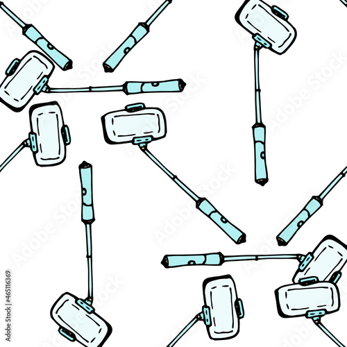 a pattern from a selfie stick. seamless pattern of a doodle-style selfie stick with a blue phone, randomly arranged on a white background for a design template