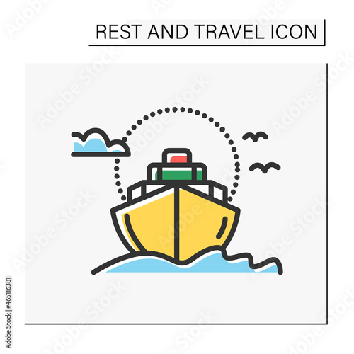 Cruise color icon. Ocean or sea ship journey. Cruise liner. Marine tourism. Voyage along inland or international waterways. Tourism types concept. Isolated vector illustration