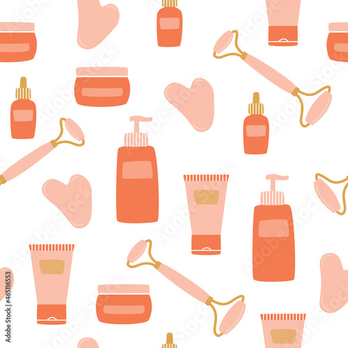 Seamless pattern with cosmetic products and gua sha face massage tools. Skin care equipment.