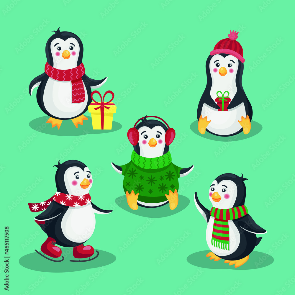 Cute collection of Christmas penguins, Merry Christmas greetings. Vector illustration Cute collection of Christmas penguins, Merry Christmas greetings. Vector illustration