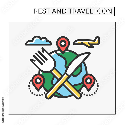  Food tour color icon. Culinary, cooking tourism to explore new food destinations. Gastronomic tour. Local cuisine. Tourism types concept. Isolated vector illustration