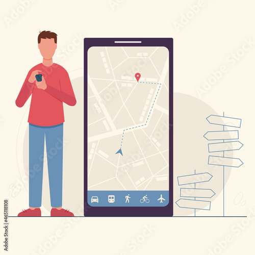 GPS navigation mobile app concept. Man searching itinerary or location online. Smartphone map application with route and pinpoint symbol on screen of mobile phone. Icons of various means of transport.