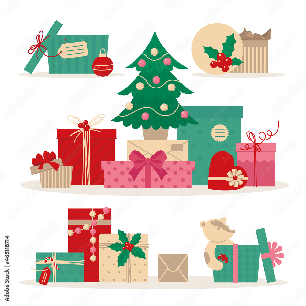 Christmas and New Year gifts. Present. Image set. Christmas and New Year gifts. Present. Image set.