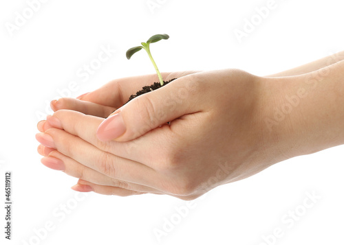 Woman holding green seedlin...