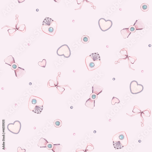 Watercolor seamless Provence pattern. Wings key, brooch, heart, pendant, pearls, bow, ribbon. For valentine cards, linens, linen, poster, background, Greeting, invitation wedding, birthday card.