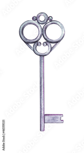 Watercolor Provence Key. Isolated on white background. Hand drawn illustration. For valentine or birthday cards, linen, textile, save the date, greetings design, wedding design. Logo.