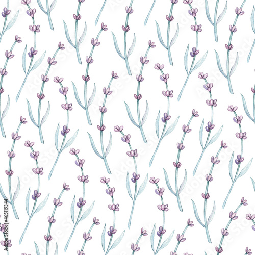 Watercolor seamless pattern with lilac Provence Lavender flowers. Isolated on white background. For baby doll clothes, wear, birthday, valentine cards, linen, wrapping, wallpaper, home decor textile.
