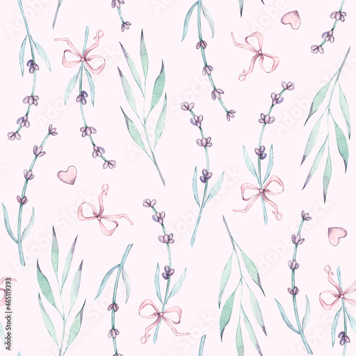 Watercolor seamless pattern with rustic Provence Lavender flowers, hearts, bow, leaves. For wear, birthday, valentine cards, linen, wrapping, wallpaper, home decor textile.