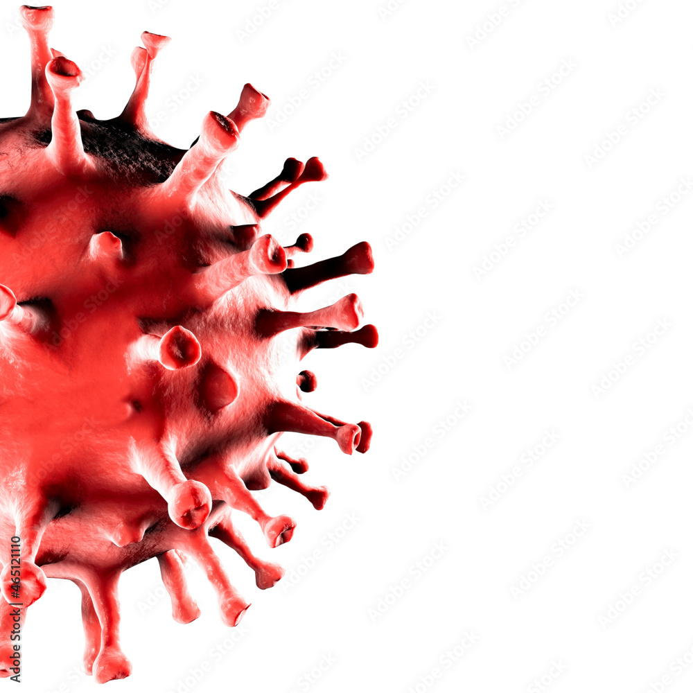 Virus, detail seen under the microscope, mutations and variants of the coronavirus, sars-cov-2. Magnification. White background space. Covid-19. 3d rendering
