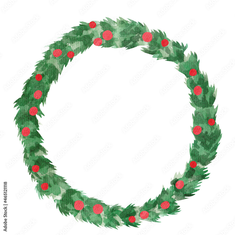 Watercolor, Christmas wreath. Evergreen wreath with red berries on a white background, isolated element Watercolor, Christmas wreath. Evergreen wreath with red berries on a white background, isolated element