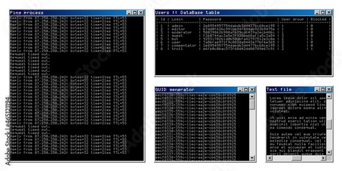 Retro OS user interface. Vintage computer software. Text command terminal window. Aesthetic of programming or hacking.