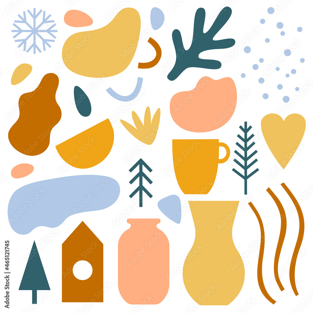 Set of abstract trendy hand drawn shapes and design elements. Vector elements creator set. Winter collection with decorative shapes. Pastel color