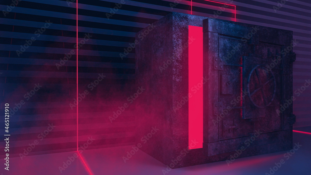 Abstract neon dark background, old rusty metal safe, neon lights rays and lines. Underground dark futuristic tunnel, basement, garage. An object in the center with neon light. 3D illustration. 