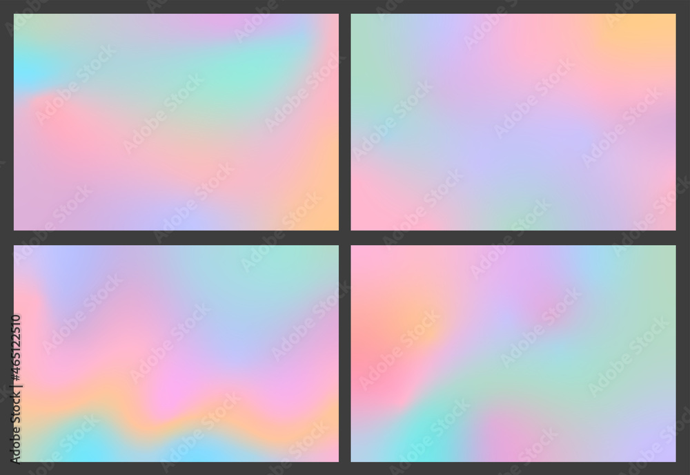 Set of holographic gradient abstract pastel backgrounds. Colorful holographic design for background, cover, template, brochure, wallpaper.