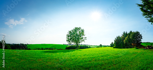Panorama with Sun and Meadows near Fattendorf in the Bavarian Forst