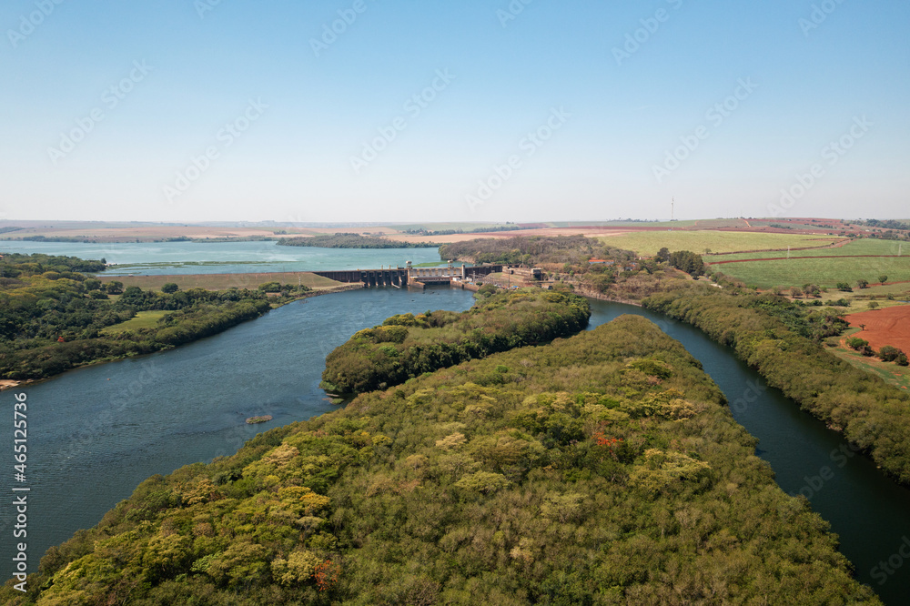 aerial view of river in hydroelectric plant and lock on Tiete-Parana waterway