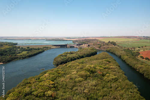 aerial view of river in hydroelectric plant and lock on Tiete-Parana waterway