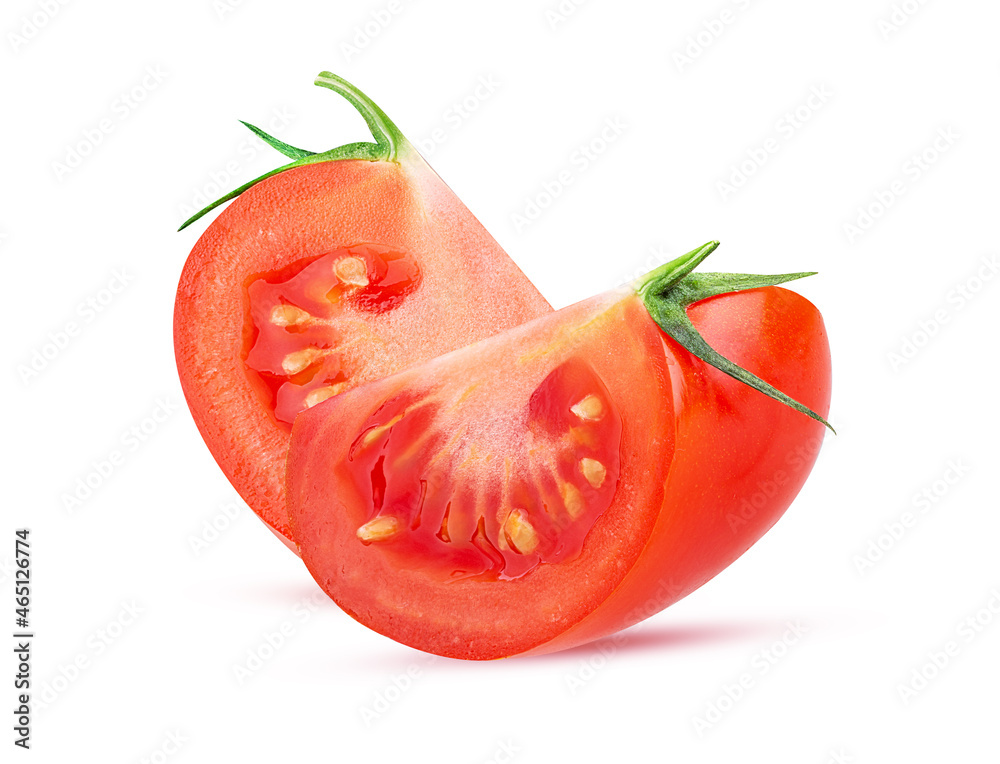 Fresh red tomato slice with green leaves