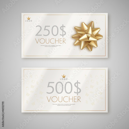 Gift voucher with gold ribbon and bow. Discount luxury coupon. Vector illustration