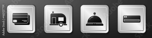 Set Credit card, Rv Camping trailer, Hotel service bell and Air conditioner icon. Silver square button. Vector
