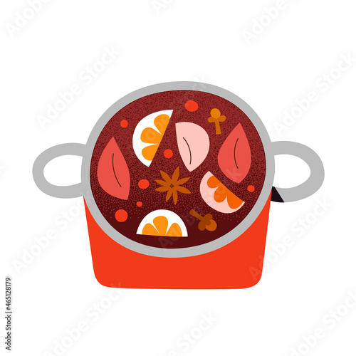 Homemade mulled wine in cooking pot, hot red wine drink with apples, orange fruit spice. Christmas festive drink scented with cinnamon, clove and anise star, handdrawn doodle illustration, vector icon