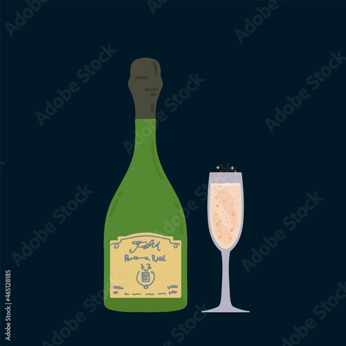 A green bottle with a glass. For the menu, a picture of Champagne and a classic glass. Sparkling wine for a champagne party. Vector illustration