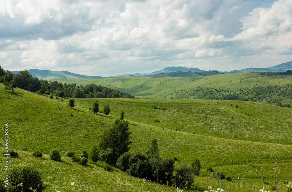 Altay view point of mountains, lake, green meadow, Russian nature Altay view point of mountains, lake, green meadow, Russian nature