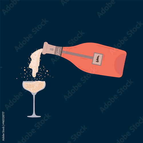 The bottle pours champagne into a glass. For the menu, a picture of Champagne and a retro glass. Sparkling wine is poured at a champagne party. Vector illustration