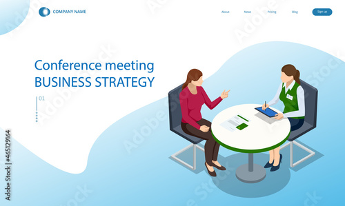 Isometric bank office. Bank employees sitting behind tables and serving bank customers. Bank insurance manager speaking with new client.