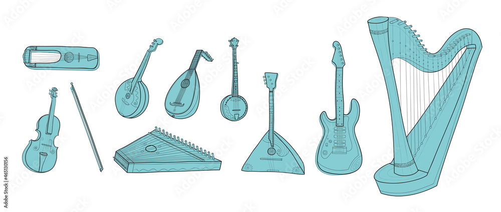 Vector illustrations set with string musical instruments. Classical ...