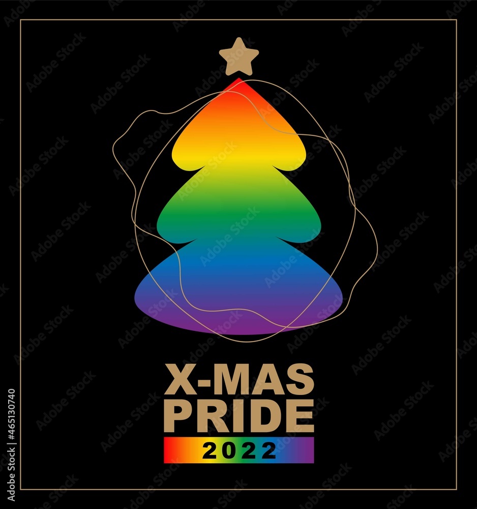 Naklejka premium Merry Christmas Pride month and happy new year 2022 logo card with flag banner.Rainbow Pride christmas tree symbol with heart,LGBT,sexual minorities,gays and lesbians.Designer rainbow sign,icon.Vector