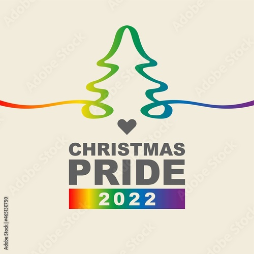 Merry Christmas Pride month and happy new year 2022 logo card with flag banner.Rainbow Pride christmas tree symbol with heart,LGBT,sexual minorities,gays and lesbians.Designer rainbow sign,icon.Vector