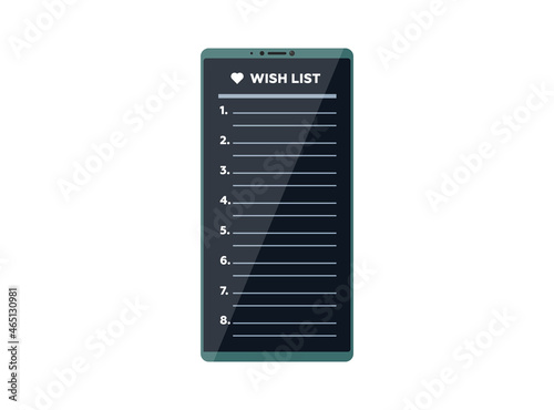 Smartphone with wish list app on display screen. Vector wishlist mobile phone application illustration. User eps phone interface design