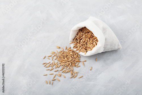 Whole grains oats spilled out of white textile bag. Grey textured background, copy space