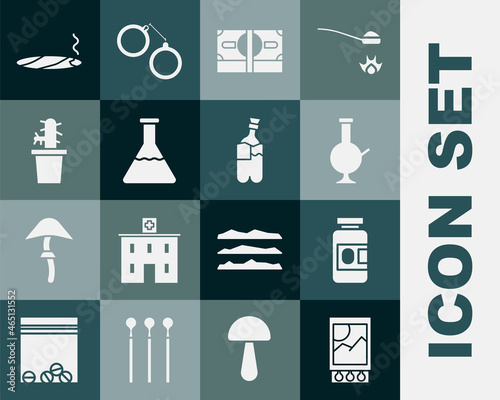 Set Open matchbox and matches, Medicine bottle pills, Glass bong for smoking marijuana, Stacks paper money cash, Test tube flask, Cactus peyote pot, Cigar with smoke and Bong icon. Vector