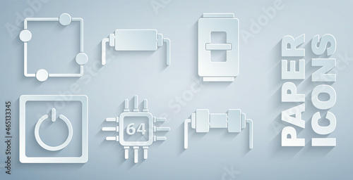 Set Processor with microcircuits CPU, Electric light switch, Resistor electricity, and scheme icon. Vector