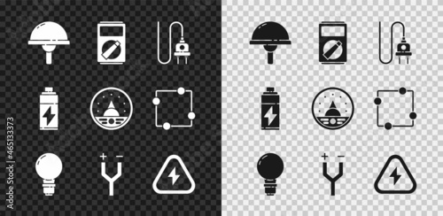 Set Light emitting diode, Multimeter, Electric plug, bulb with concept of idea, cable, High voltage, Battery and Ampere multimeter, voltmeter icon. Vector