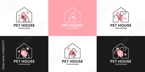 set of pet house, pet store logo design collection. rabbit and cat combination in the house