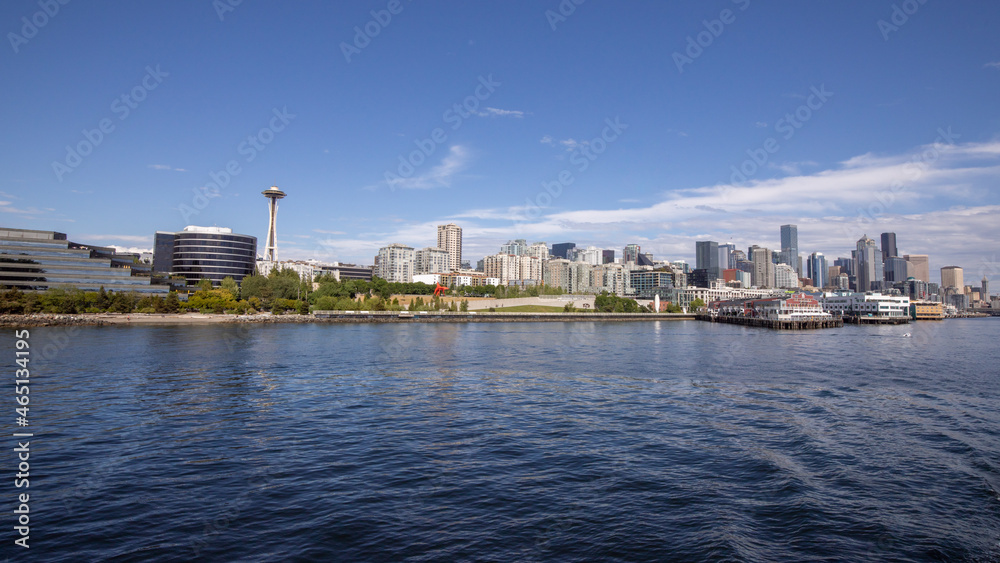 Seattle, Washington, USA - June 4 2021: Seattle skyline during summer. View from Elliott Bay. Space Needle. Washington state.